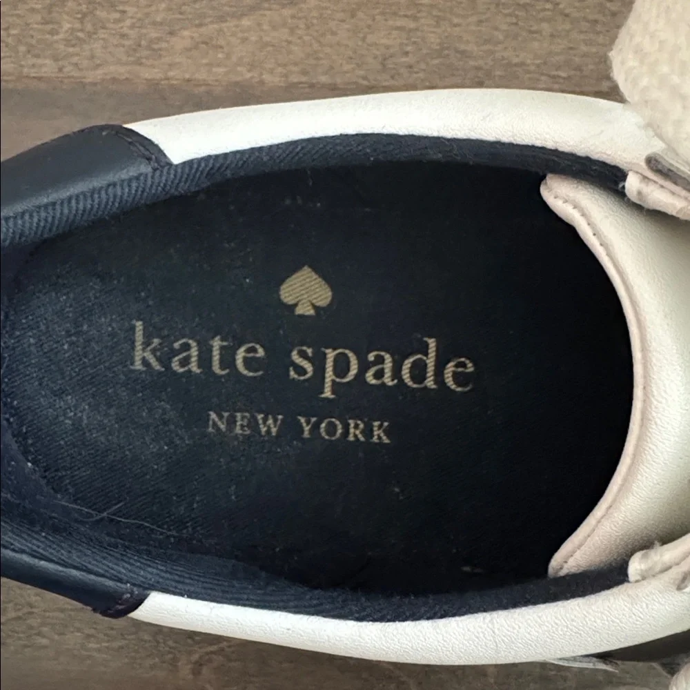 Kate Spade Fez White Leather Sneakers Navy Spade Logo Women’s 7